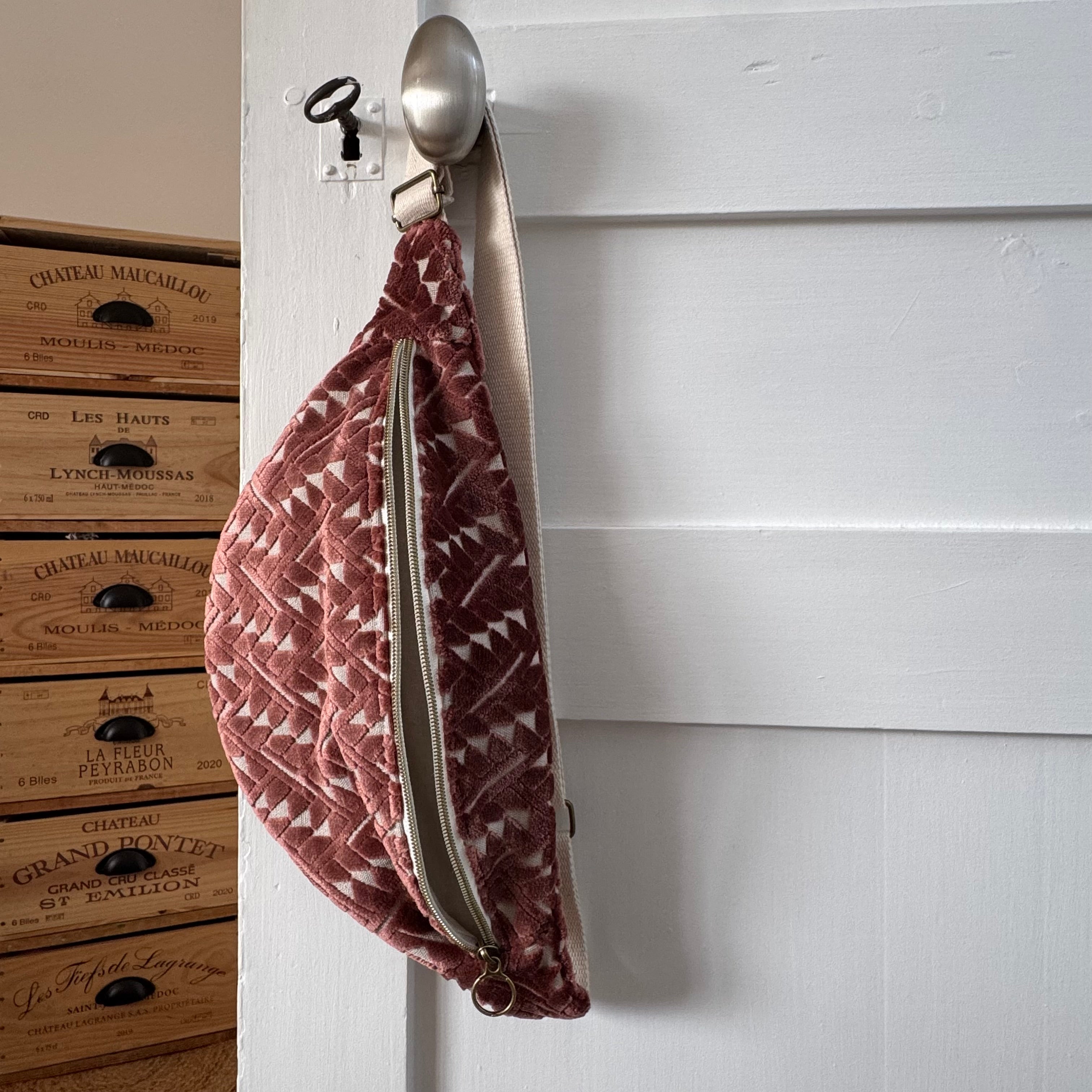 Sac banane velours rose / beige