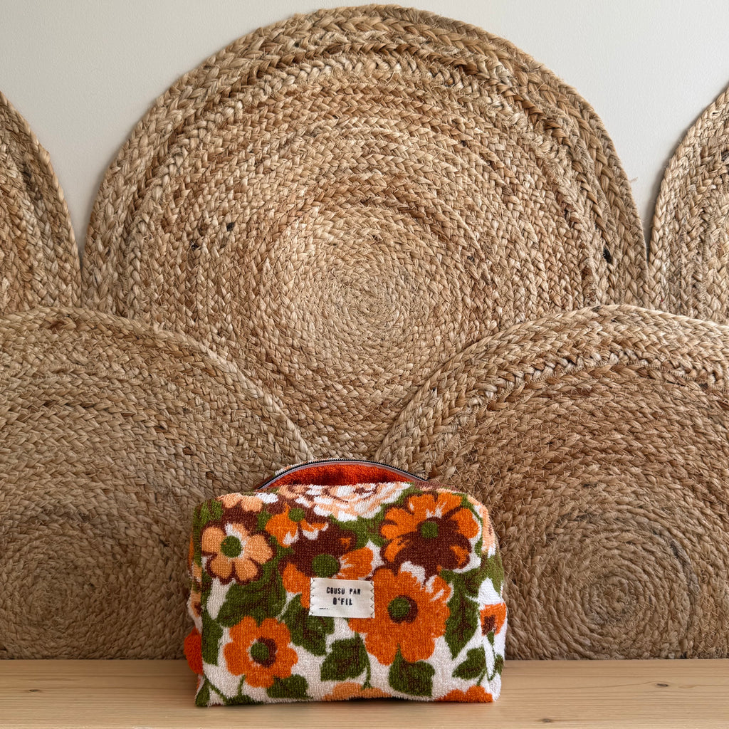 Trousse de toilette vintage fleurie / orange