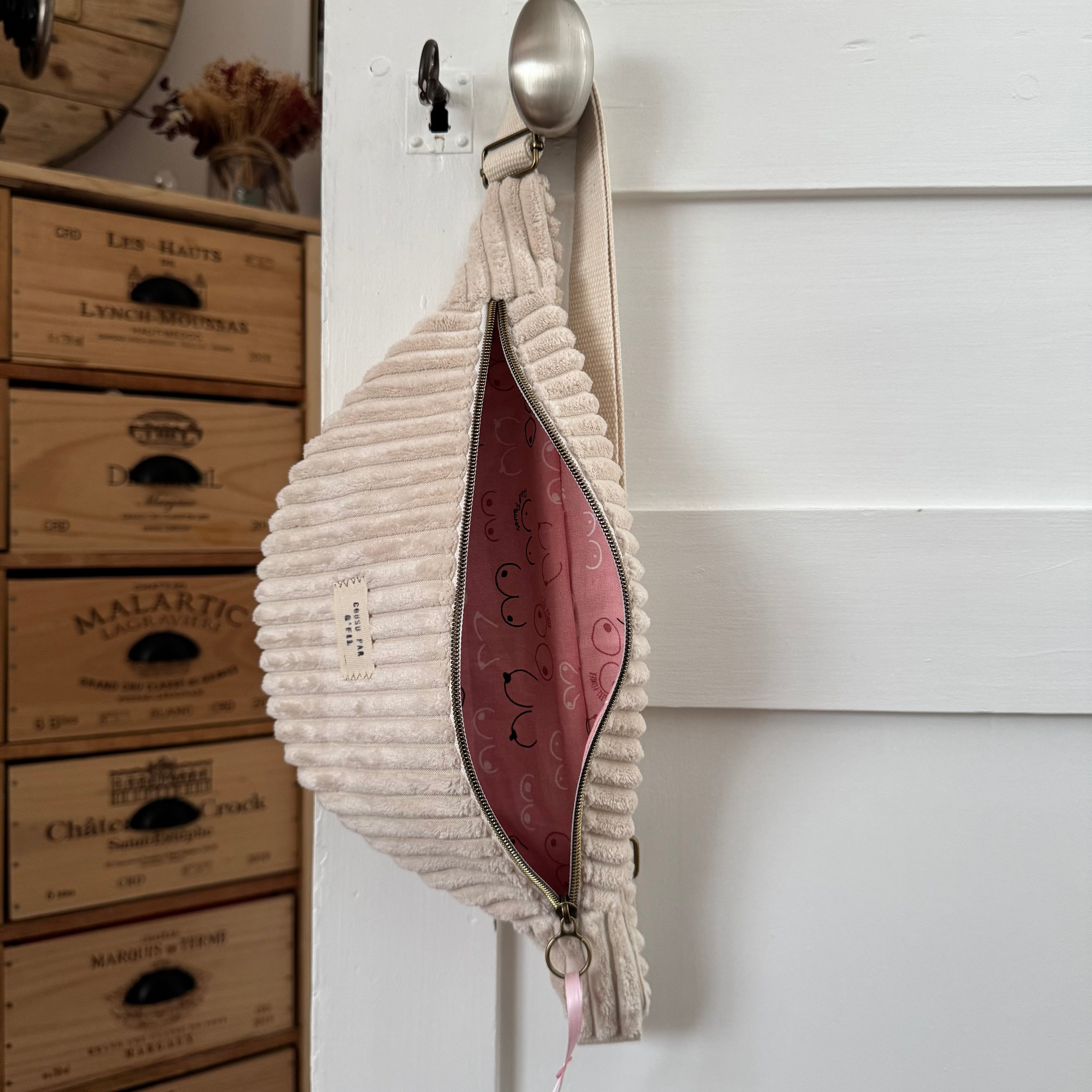 Sac banane octobre rose velours écru