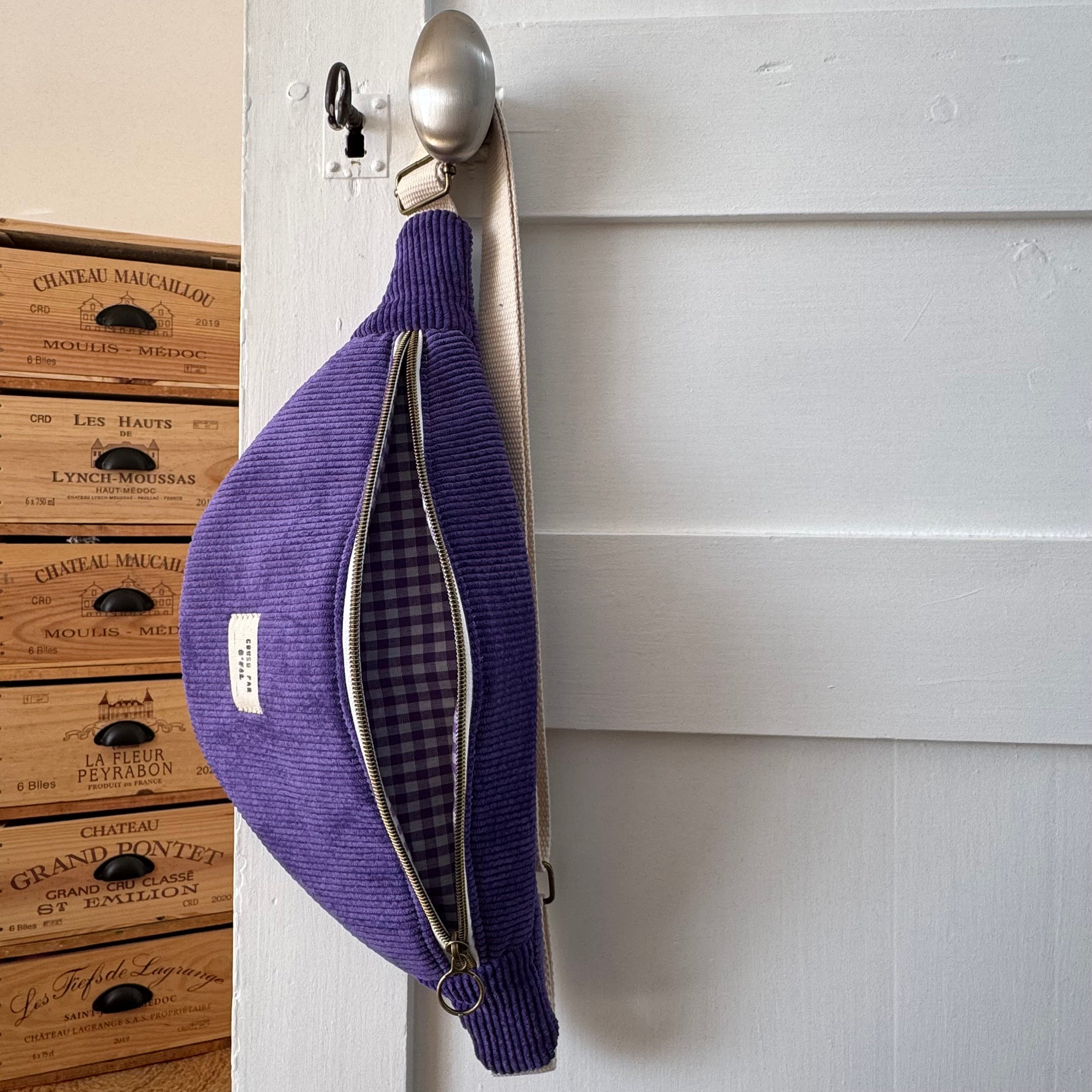 Sac banane violet velours / vichy