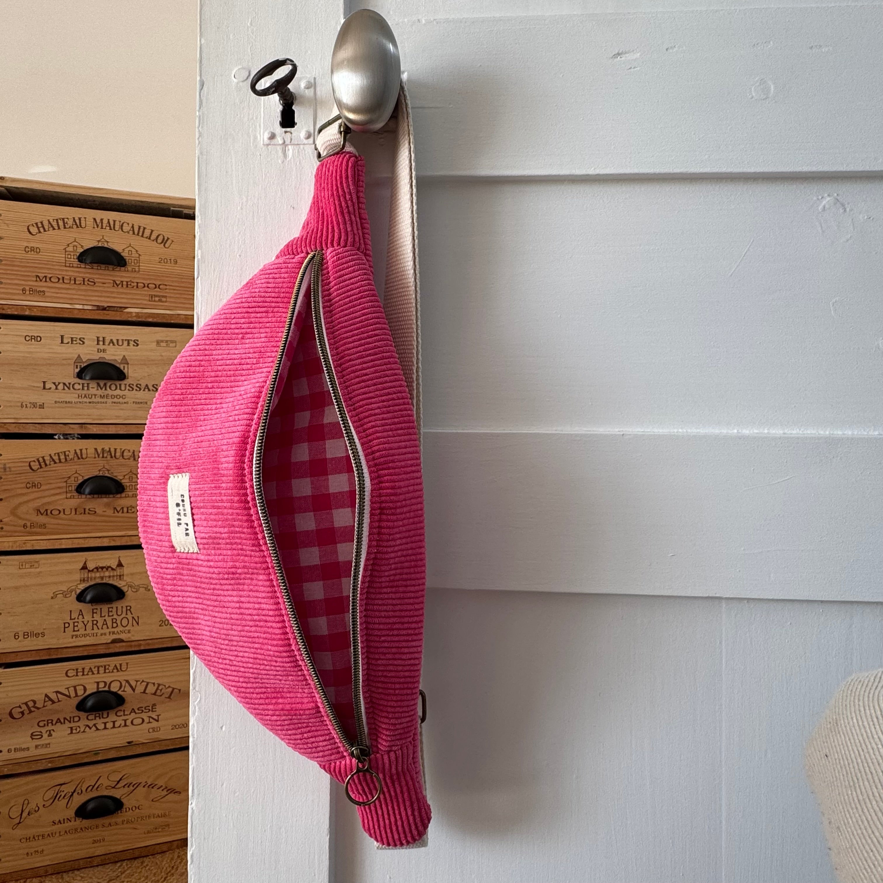 Sac banane rose velours / vichy